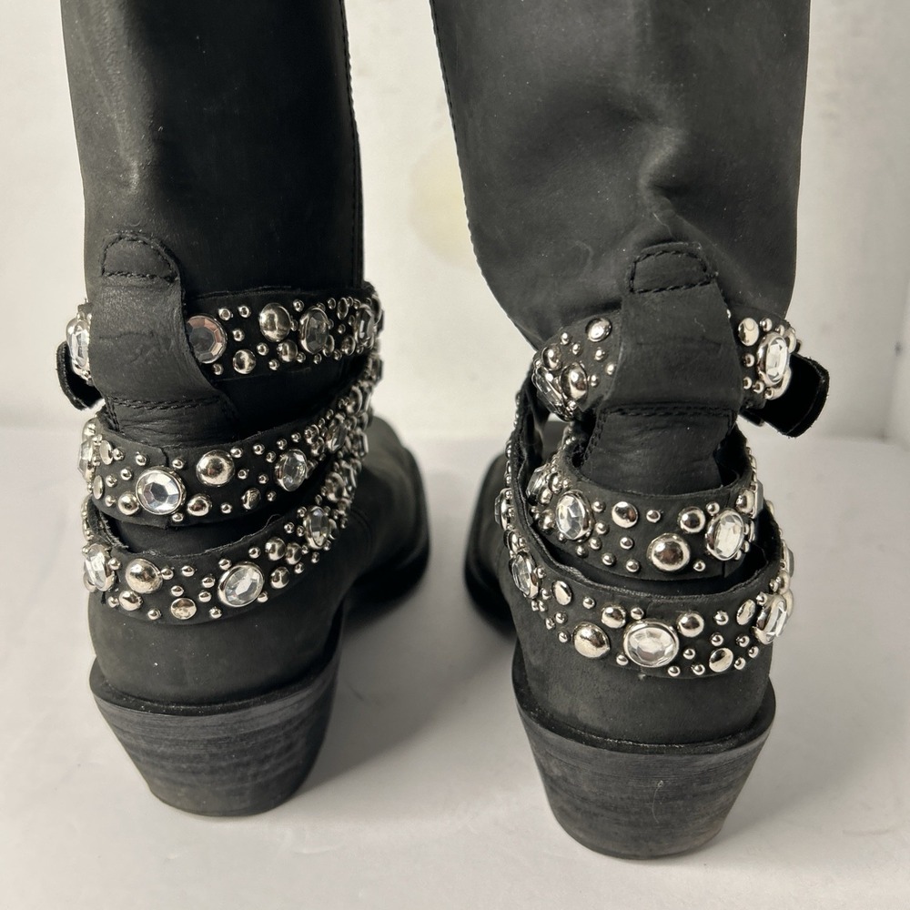 Sz 8 - ROCKET DOG Black Leather Silver Studded Rhinestone Buckle Biker Boots - Picture 7 of 15